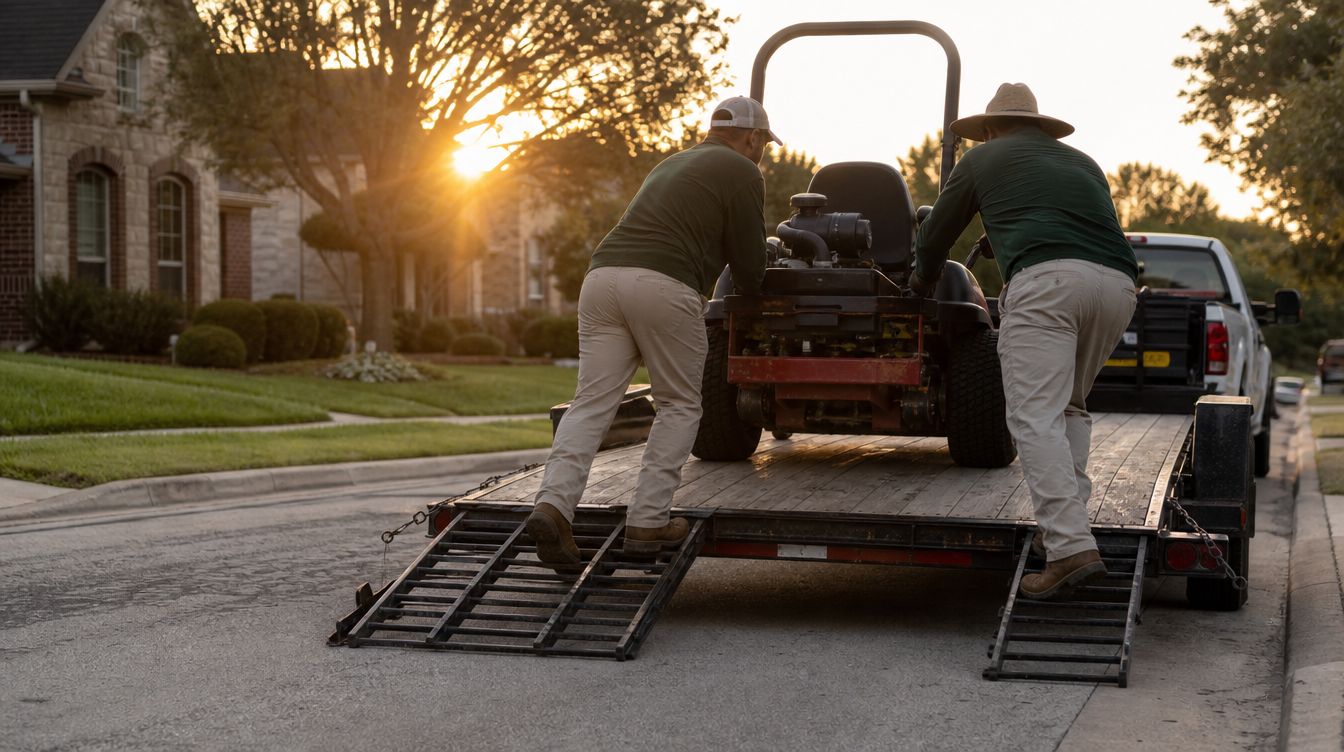 Two crew members loading a zero-turn mower onto a trailer at sunrise