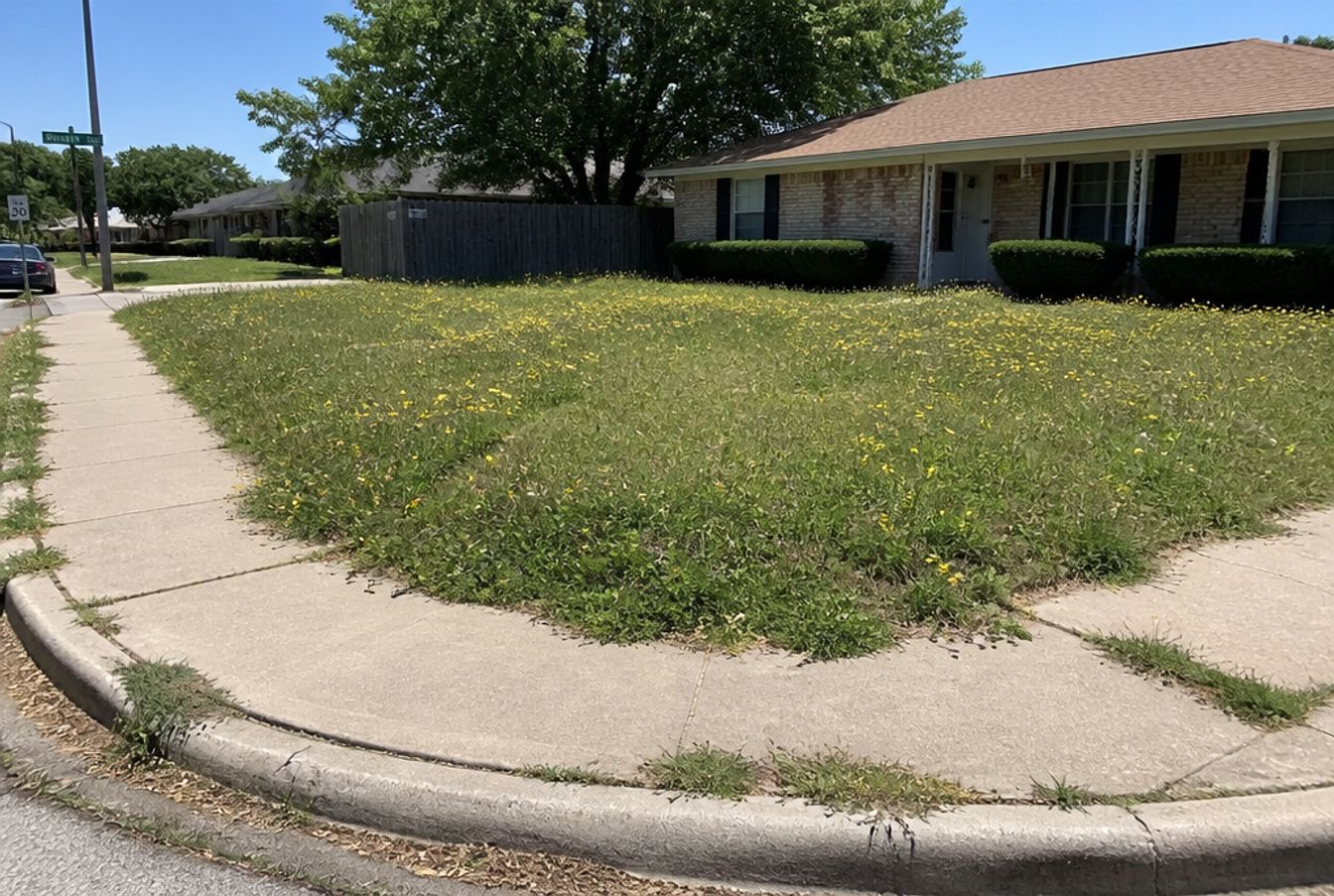 Corner lot, weeds to stripes, before