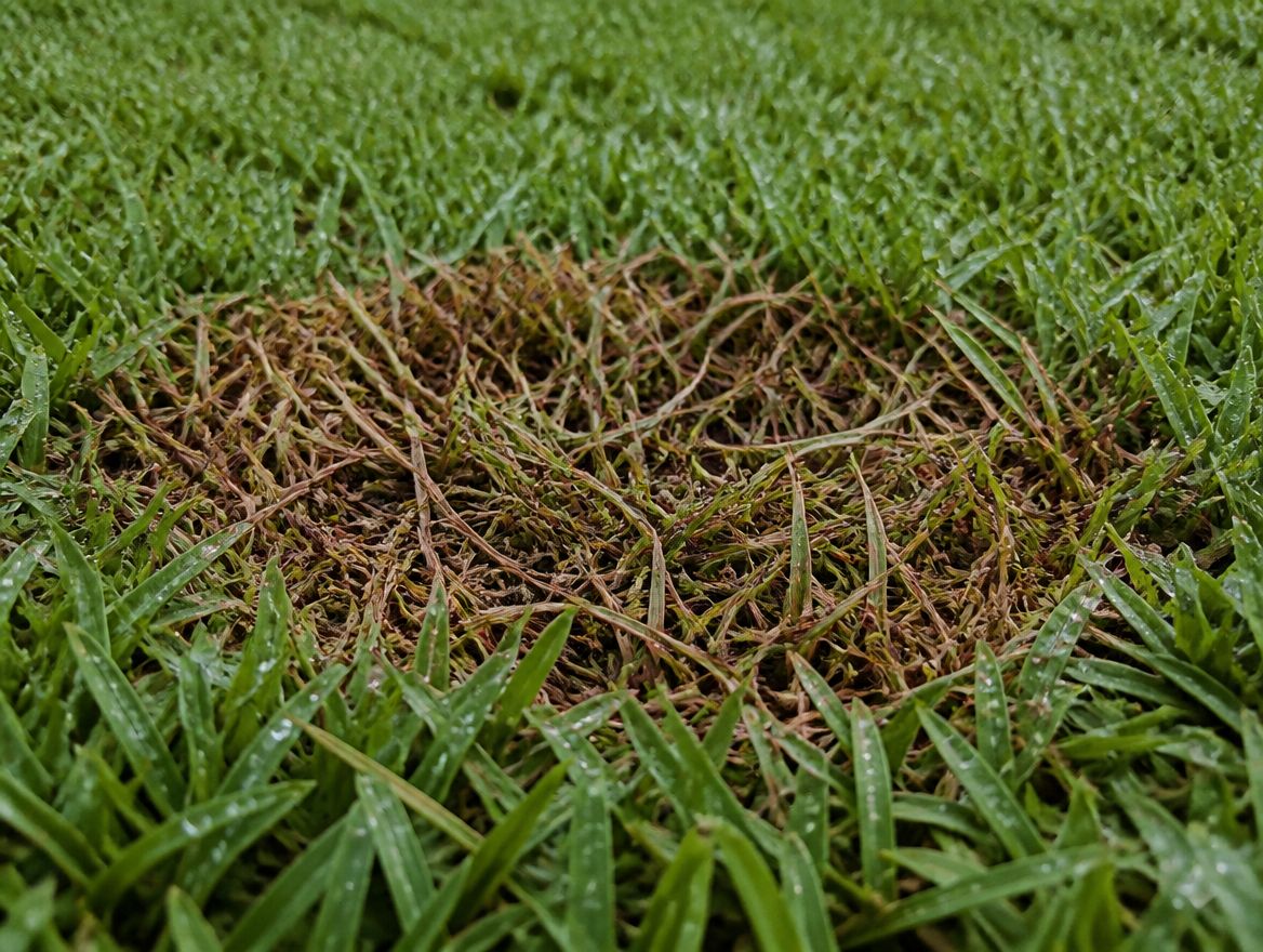 Close inspection view of turf grass blades and thatch layer