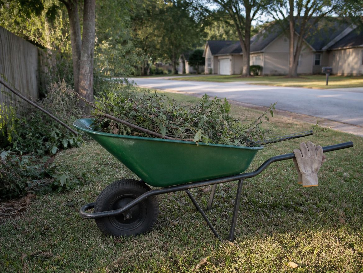 A wheelbarrow loaded with brush and trimmings on a lawn mid-cleanup