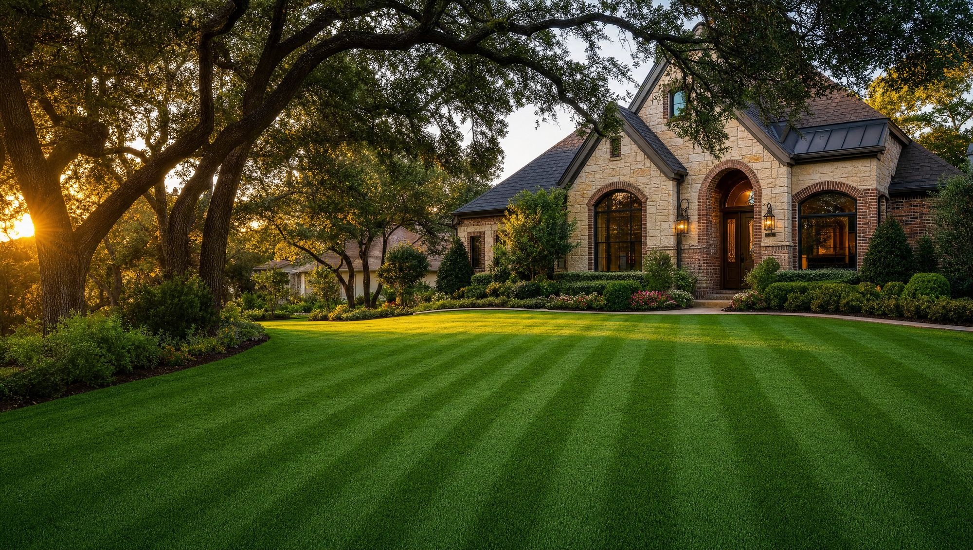 A striped lawn in front of a Royse City, Texas stone home