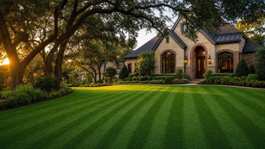 A striped emerald lawn in front of a stone house