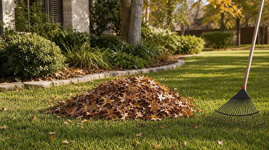 A yard mid-cleanup with leaves gathered