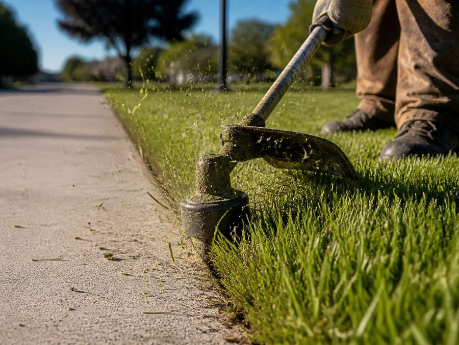 String trimmer cutting a crisp sidewalk edge