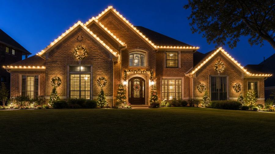 Roofline outlined in holiday lights