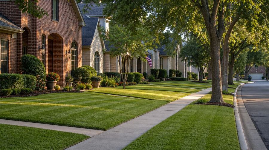 A street of striped lawns in late afternoon