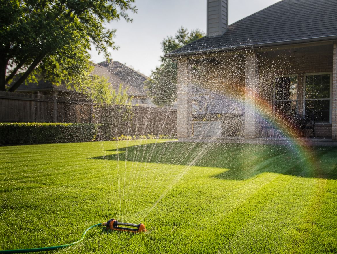 A sprinkler arc catching morning light over a striped lawn