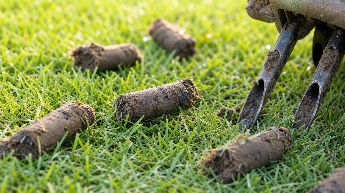 Core aeration plugs of clay soil pulled from a green lawn