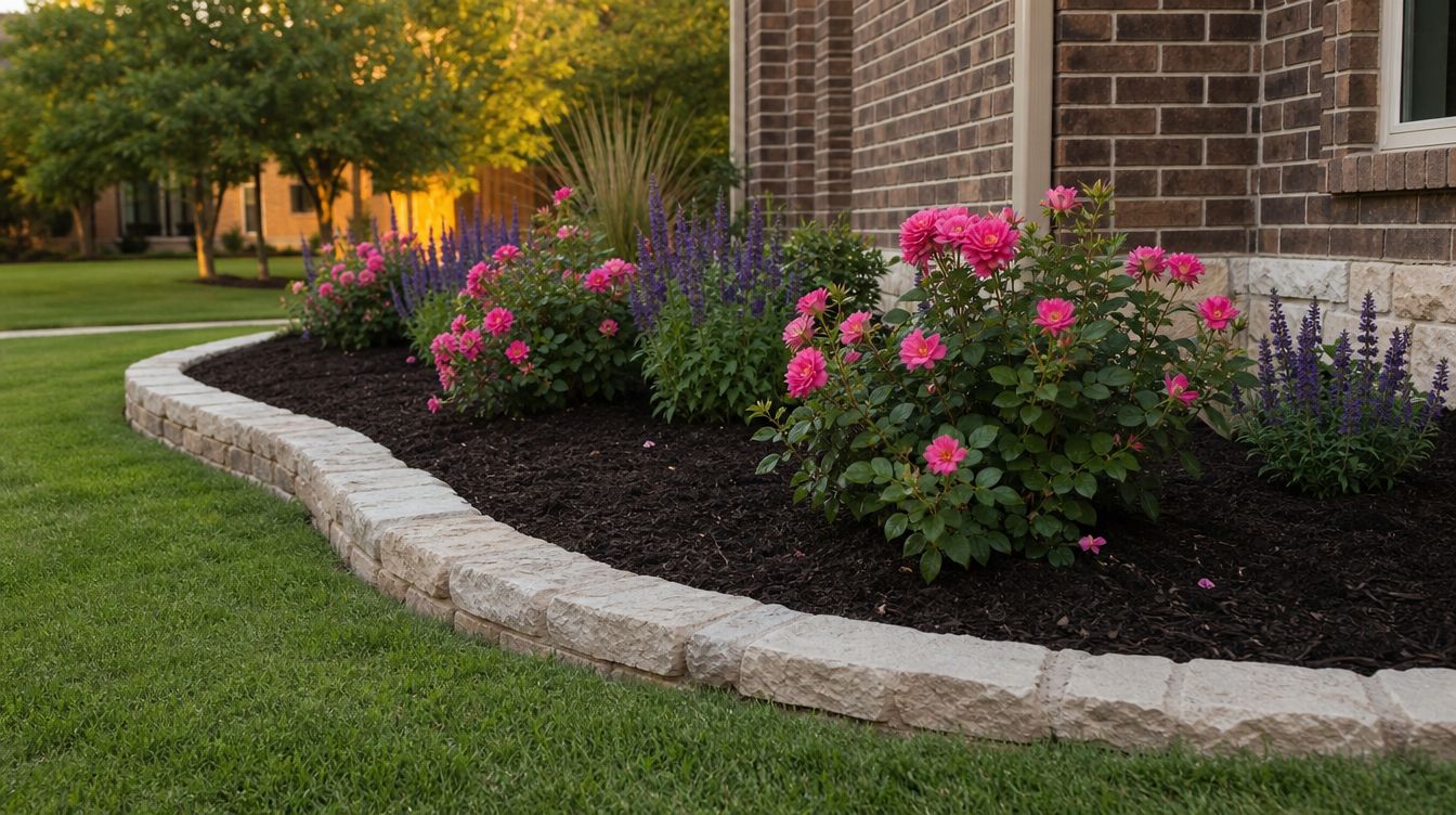 A freshly landscaped flower bed with stone edging, dark mulch, and blooming plants