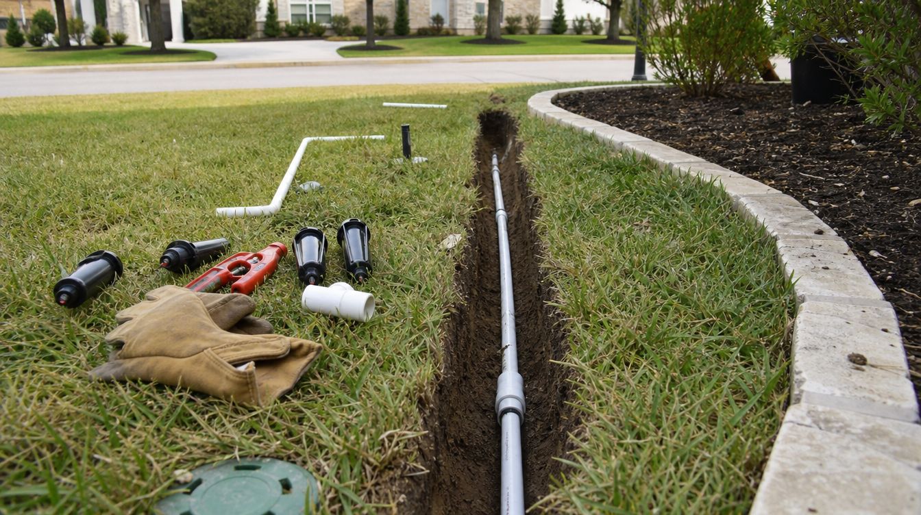 An irrigation installation in progress with pipe and new sprinkler heads laid out on the lawn