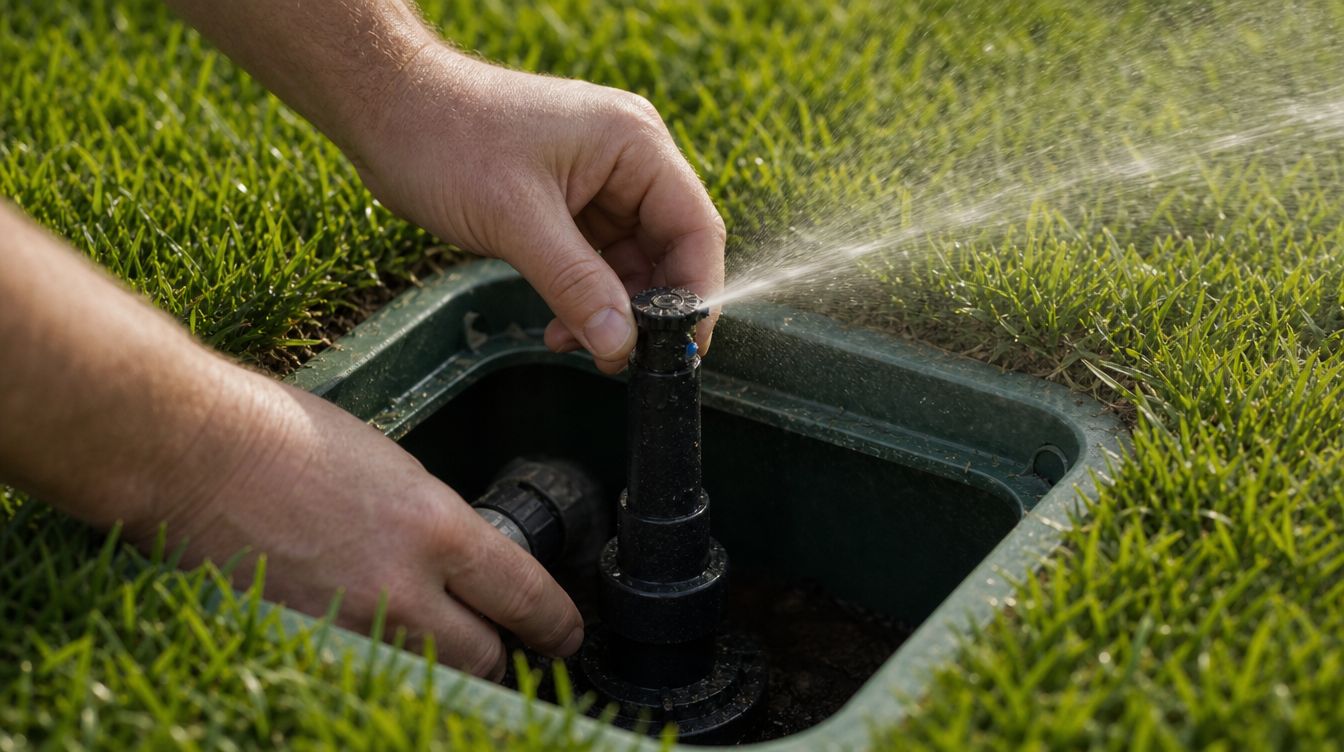 A technician adjusting a pop-up sprinkler head as it begins to spray