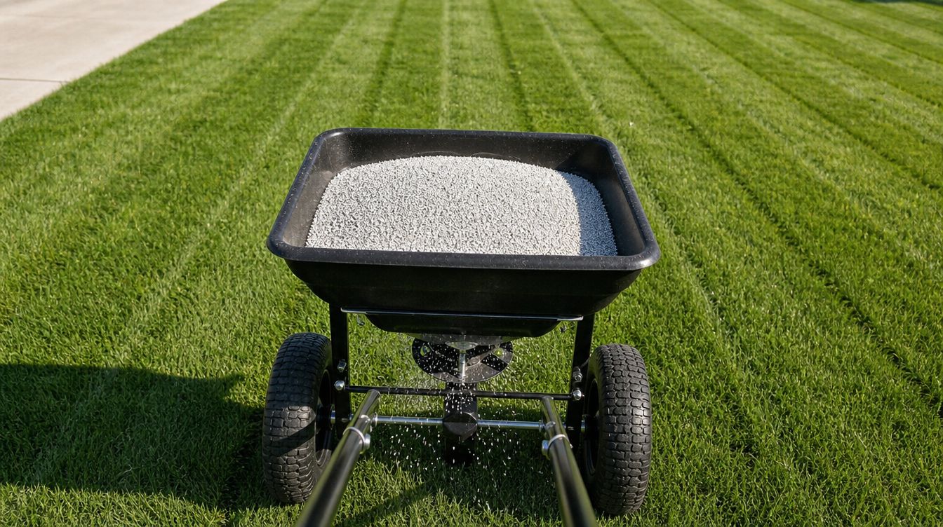 A broadcast spreader applying fertilizer across a thick green lawn