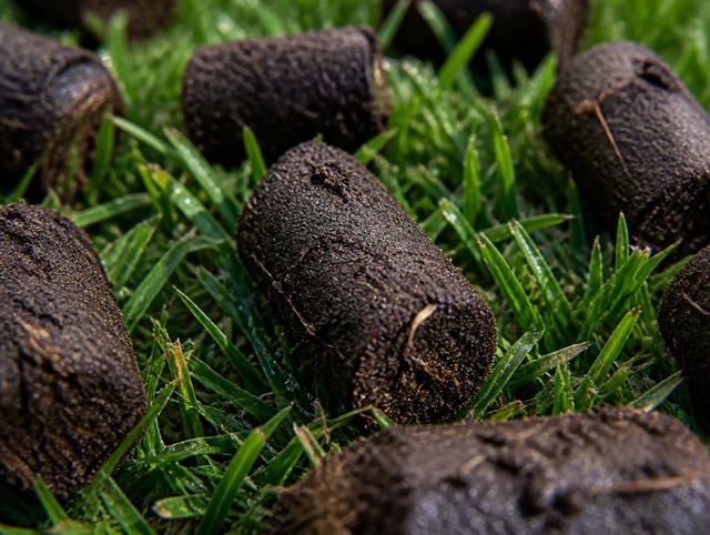 Fresh core aeration plugs scattered on turf