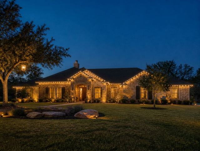 A ranch house at dusk outlined in warm holiday lights