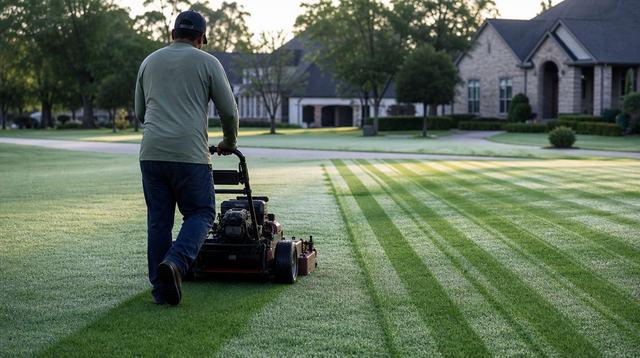 Fresh mow stripes being laid on a green lawn