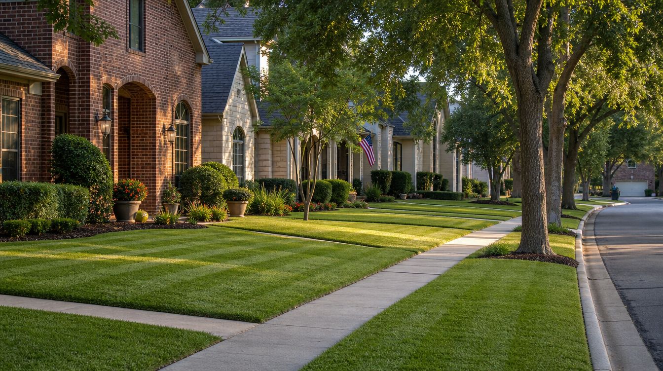 A row of neatly striped front lawns on a Rockwall County street in the late afternoon